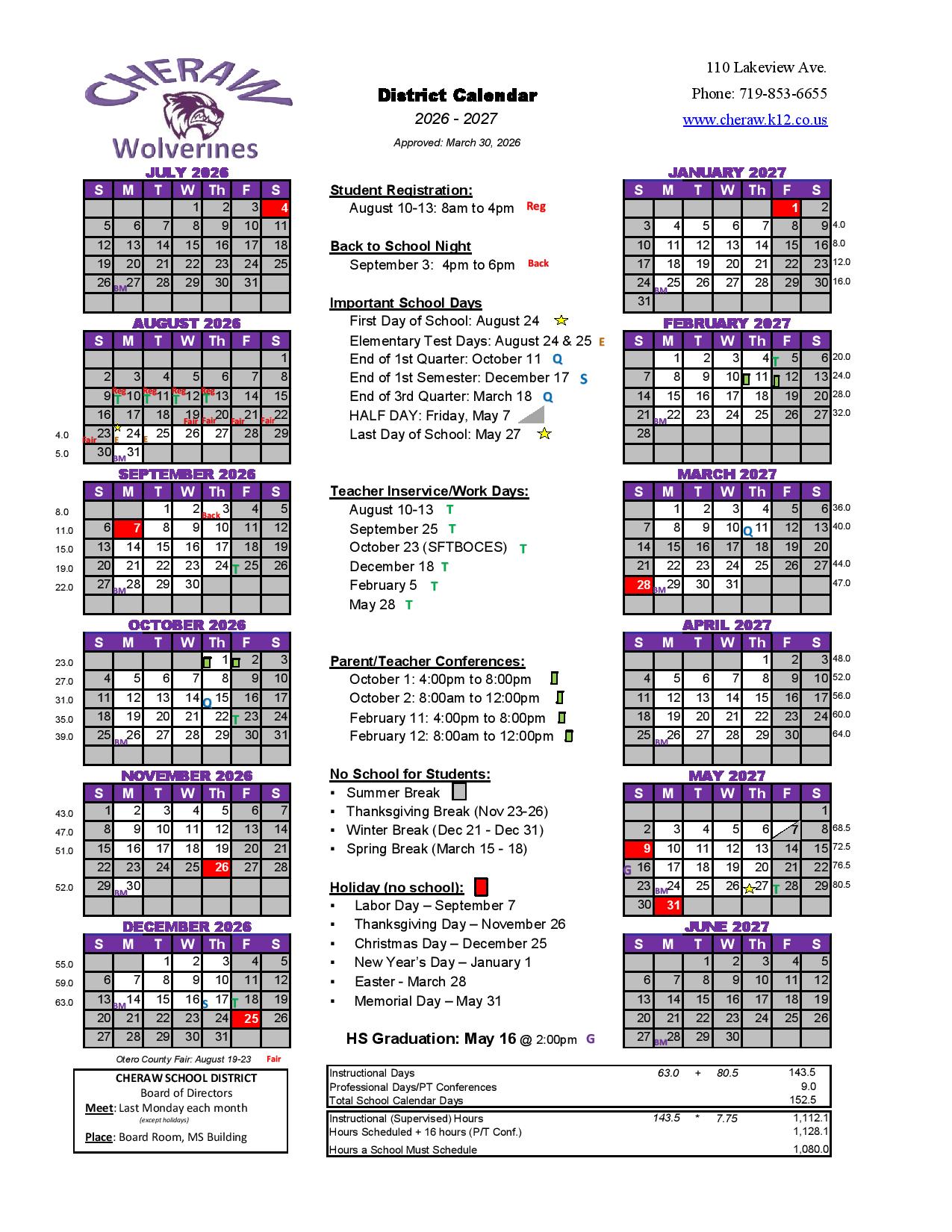 Cheraw School District Calendar 2026-27 